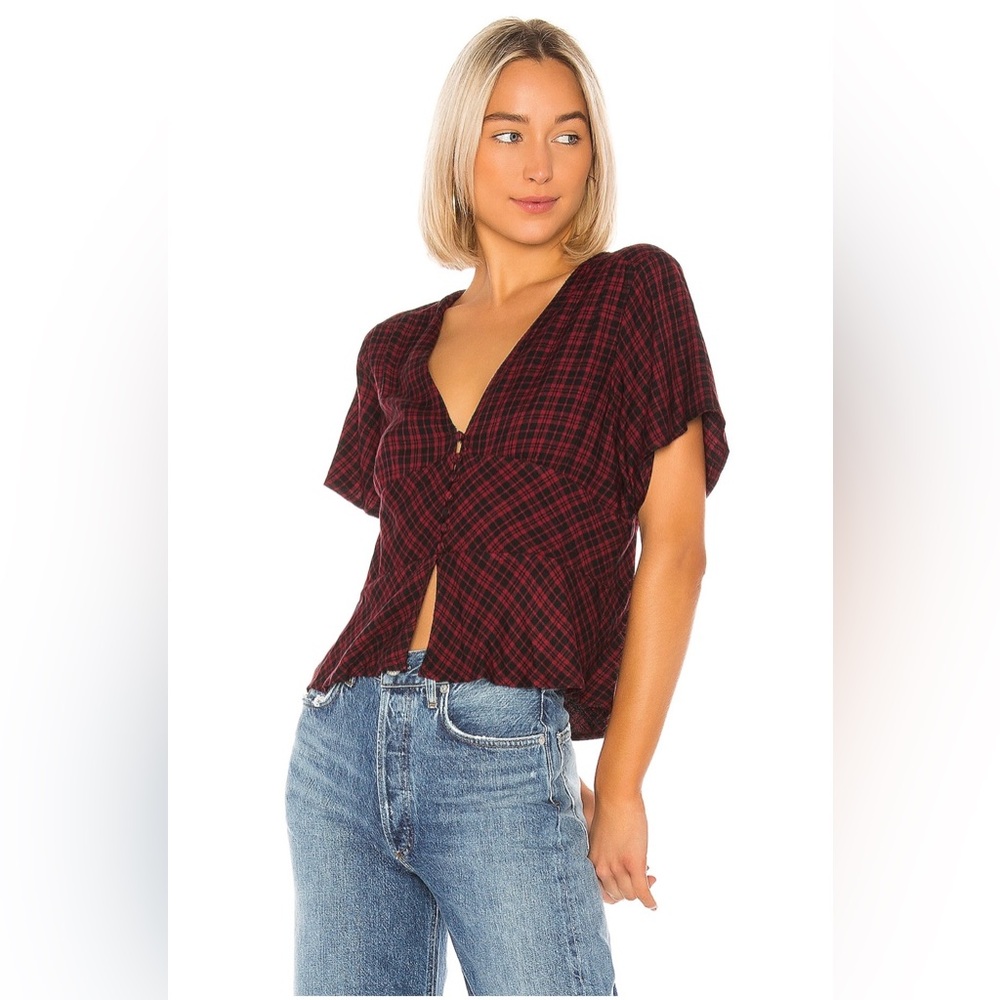 Sanctuary Burgundy and Black Checkered V-Neck Blouse
